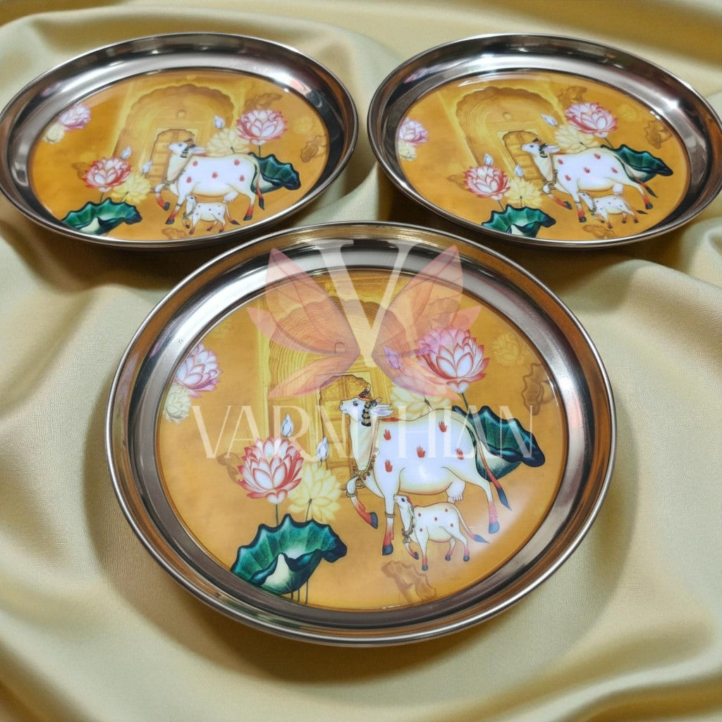 Elegant brass plates with timeless Pichwai design | perfect for pooja and gifting