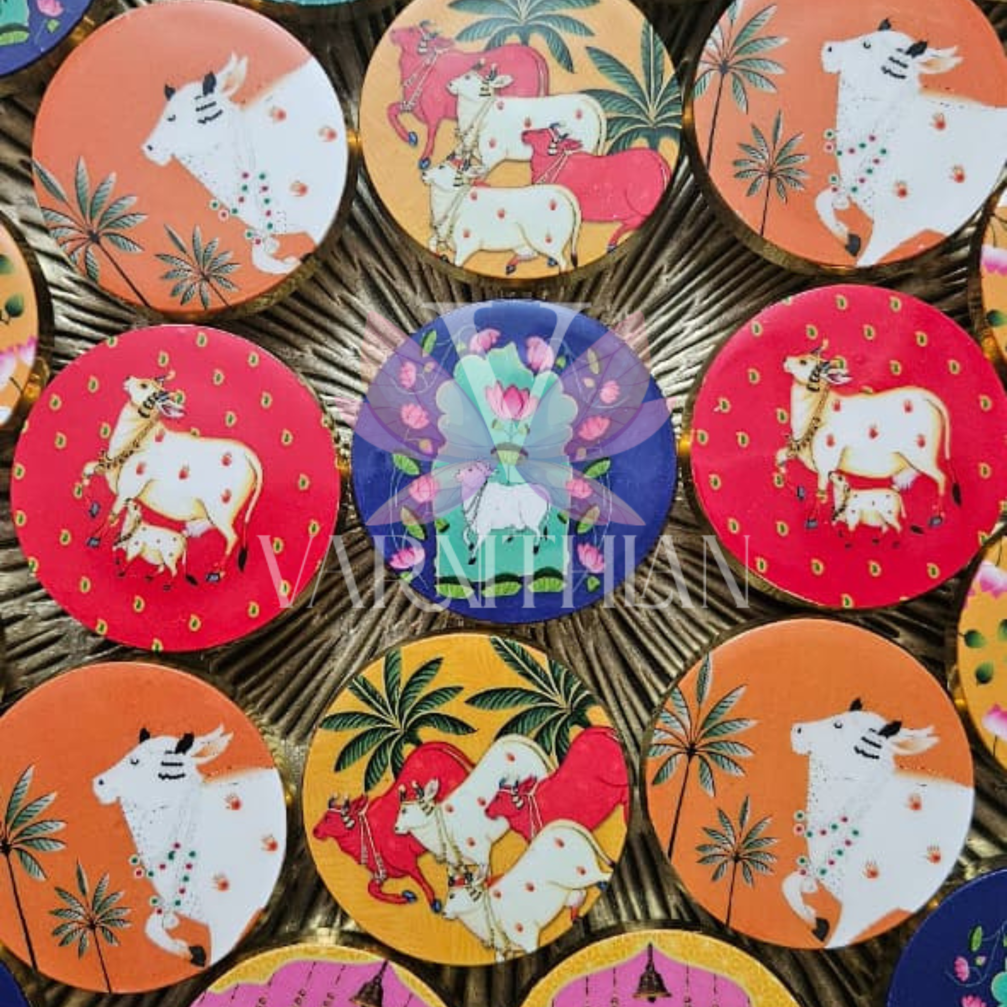 Brass Kumkum Boxes with Pichwai Designs